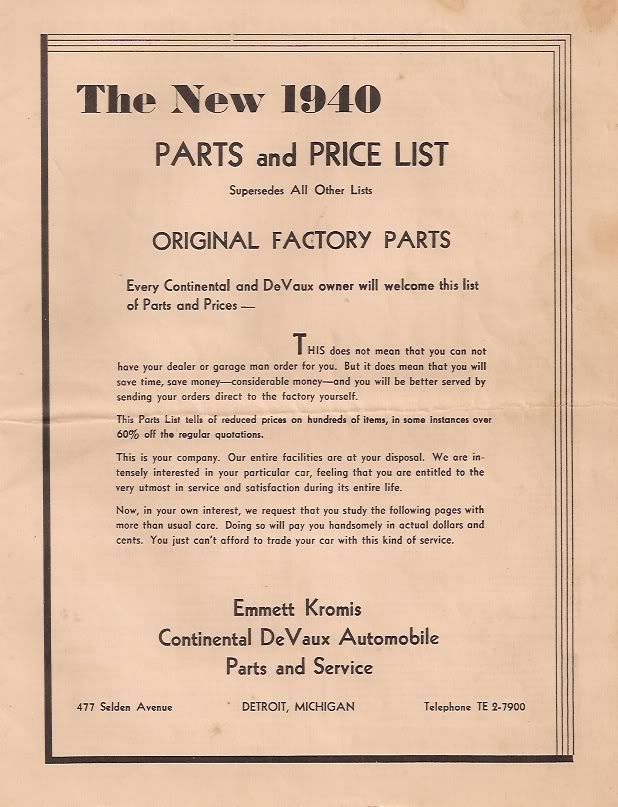 Continental/DeVaux parts list from 1940 General Discussion Antique